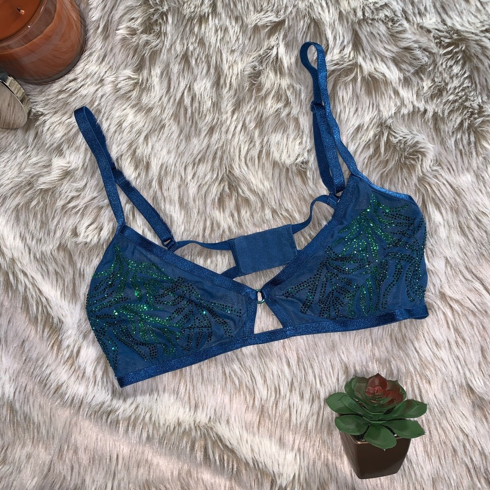 VS Very Sexy Blue Sheer Bra w/Green Rhinestones